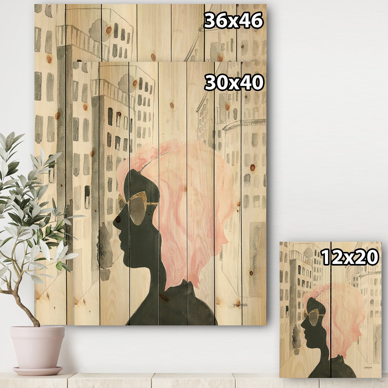 Glam Pink Ladies IV - Fashion Print on Natural Pine Wood