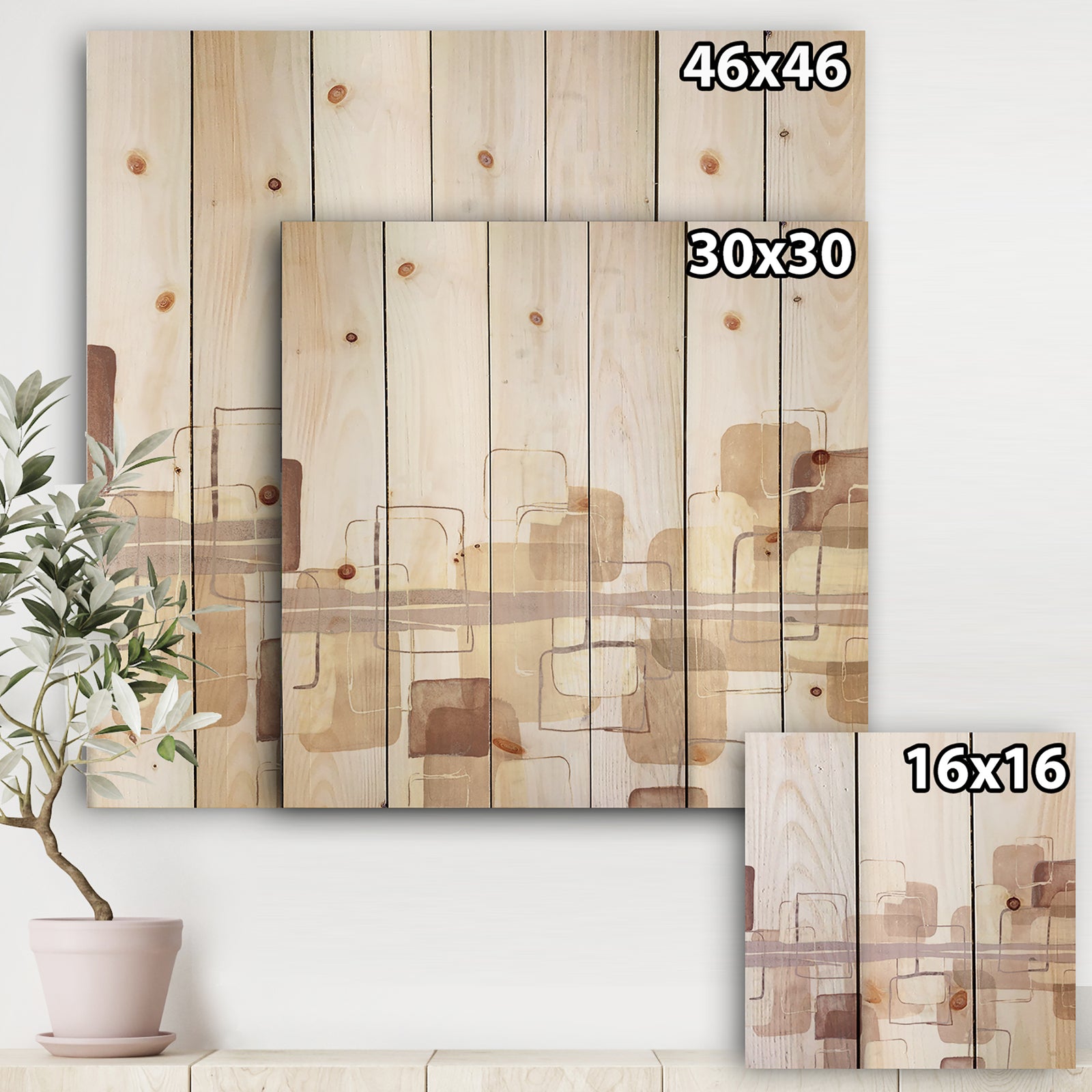Watercolor Minimal Boxes II - Modern Print on Natural Pine Wood