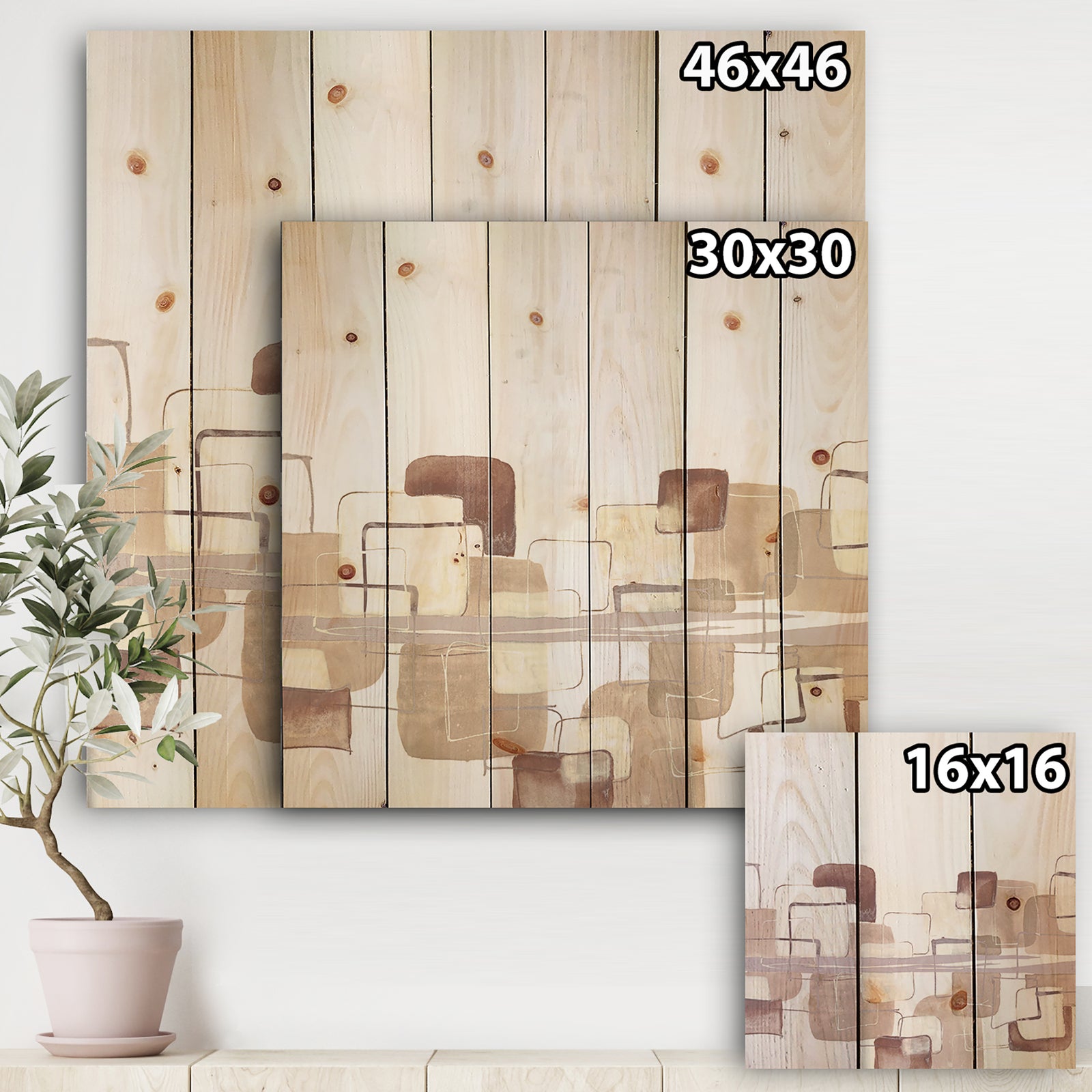 Watercolor Minimal Boxes I - Modern Print on Natural Pine Wood