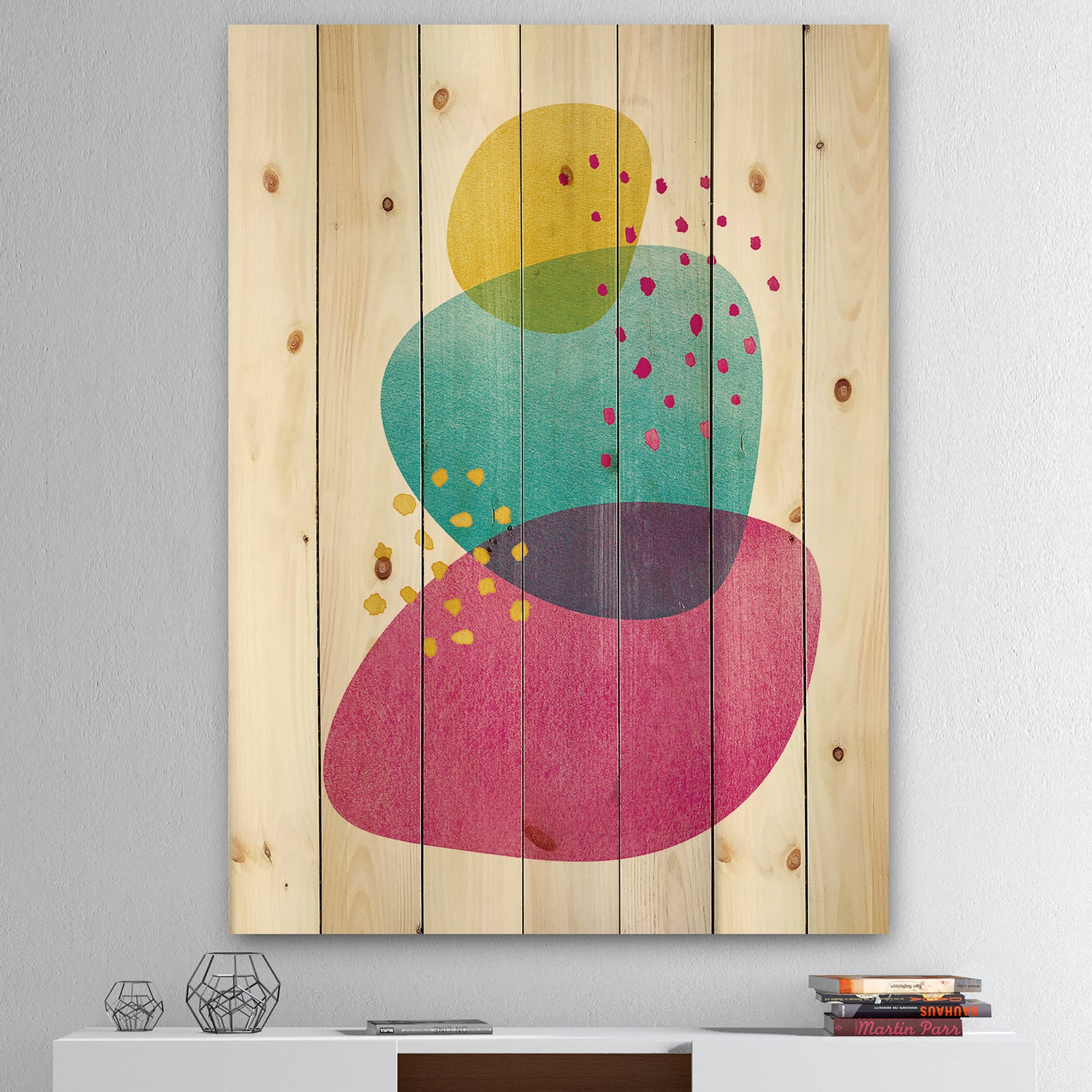 Minimal Spots Balance IV - Mid-Century Modern Print on Natural Pine Wood