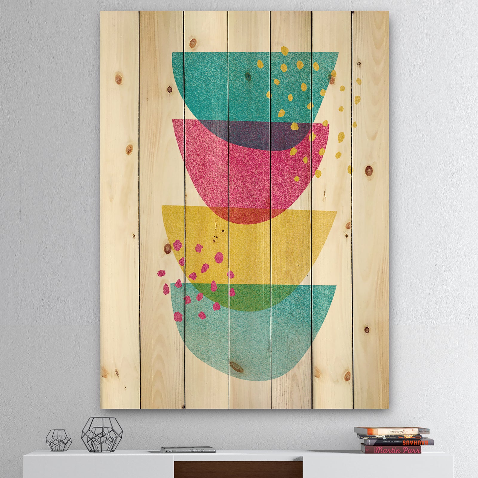 Minimal Spots Balance III - Mid-Century Modern Print on Natural Pine Wood