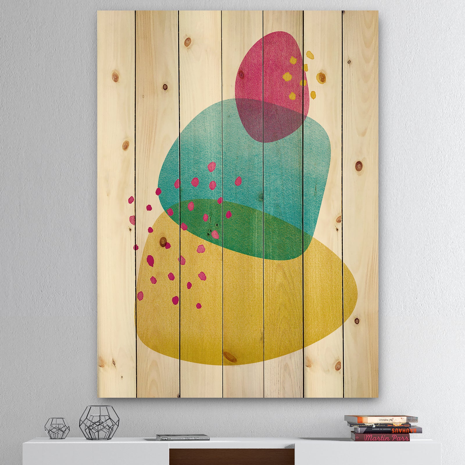Minimal Spots Balance I - Mid-Century Modern Print on Natural Pine Wood