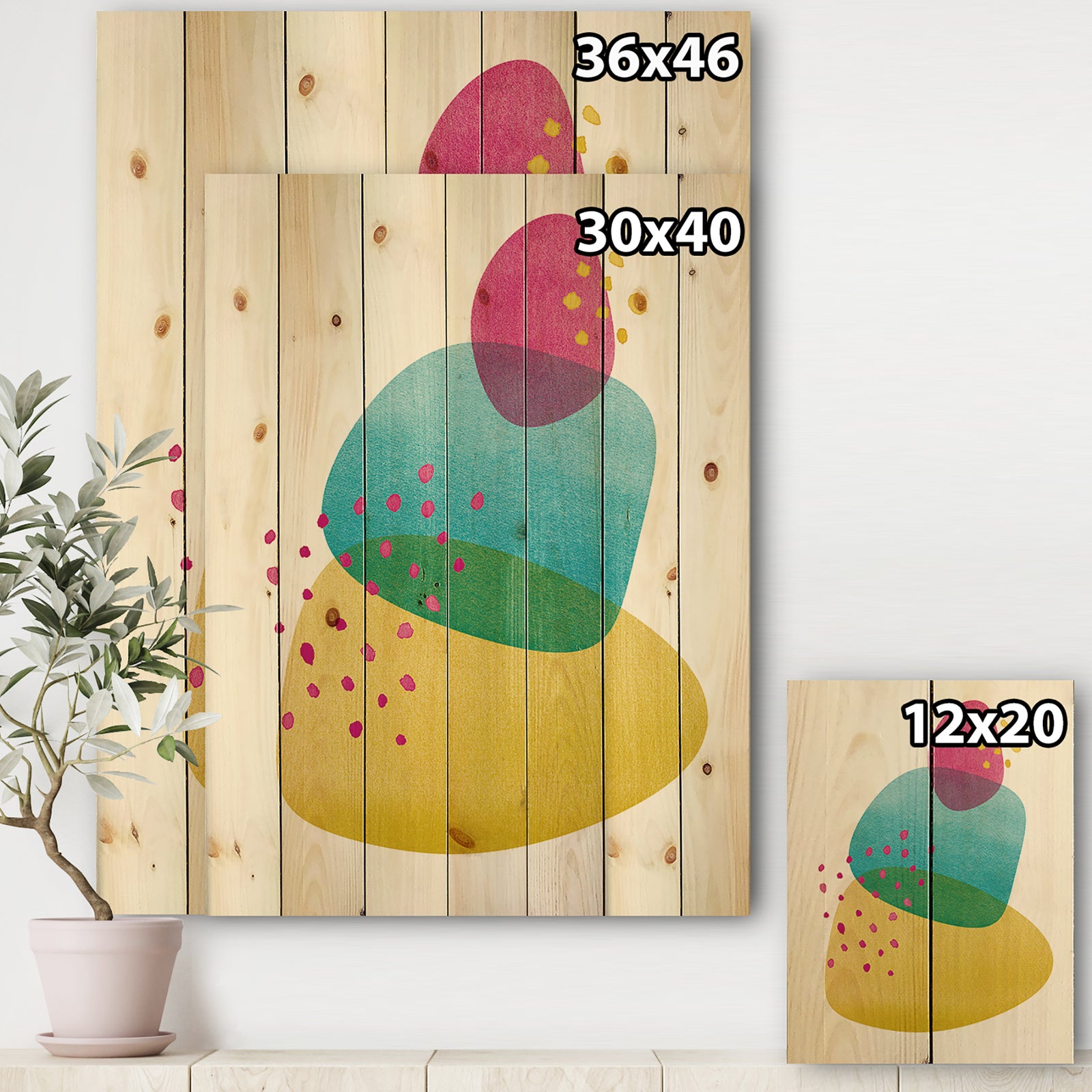 Minimal Spots Balance I - Mid-Century Modern Print on Natural Pine Wood