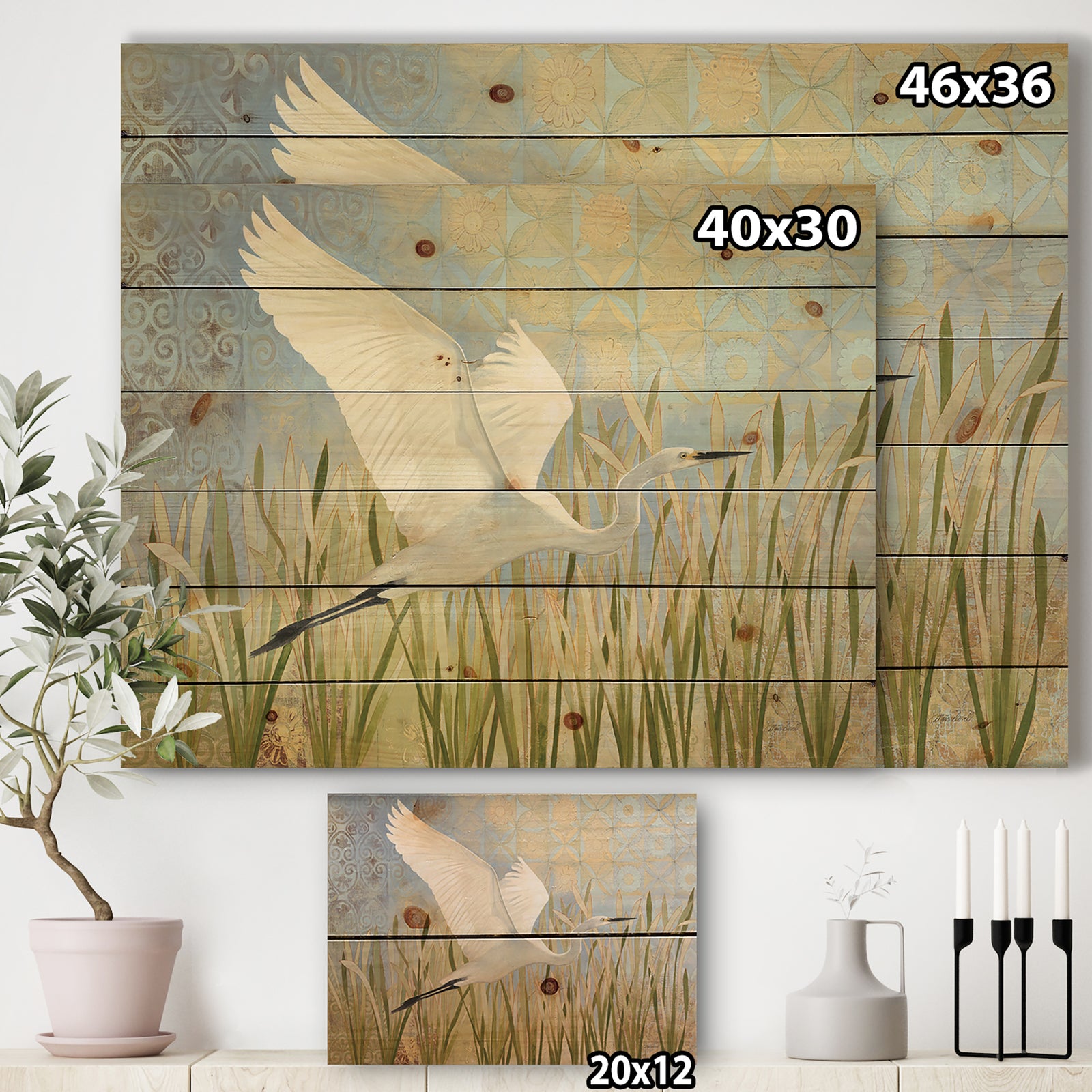 Snowy Egret in Flight vII - Farmhouse Print on Natural Pine Wood