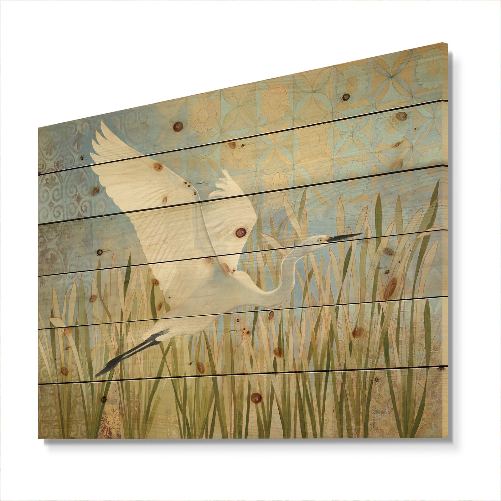Snowy Egret in Flight vII - Farmhouse Print on Natural Pine Wood
