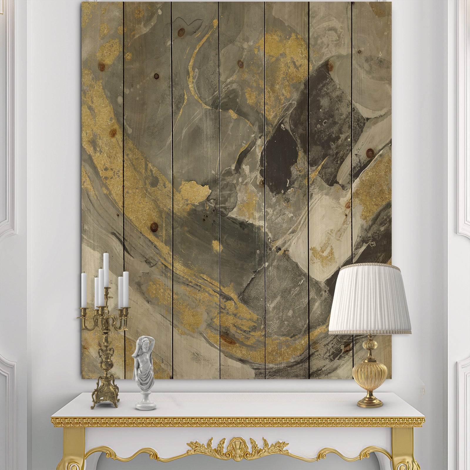 Marble Gold and Black II - Modern & Contemporary Print on Natural Pine Wood