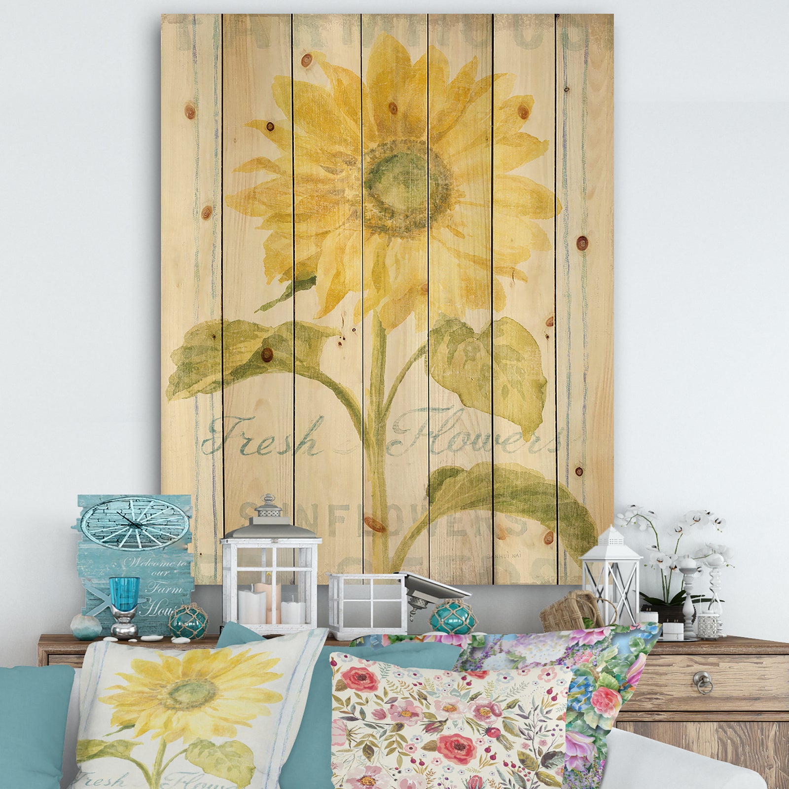 Floursack Florals II - Cottage Print on Natural Pine Wood