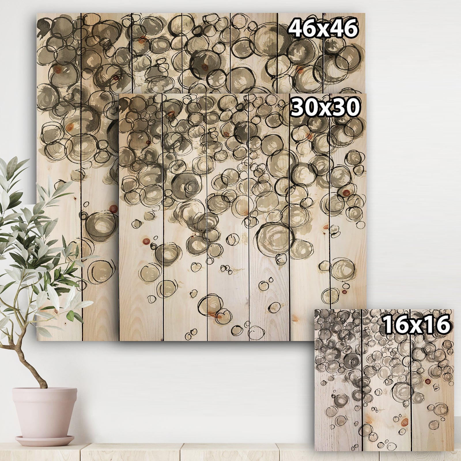 Simple Bubbles IV - Mid-Century Modern Print on Natural Pine Wood