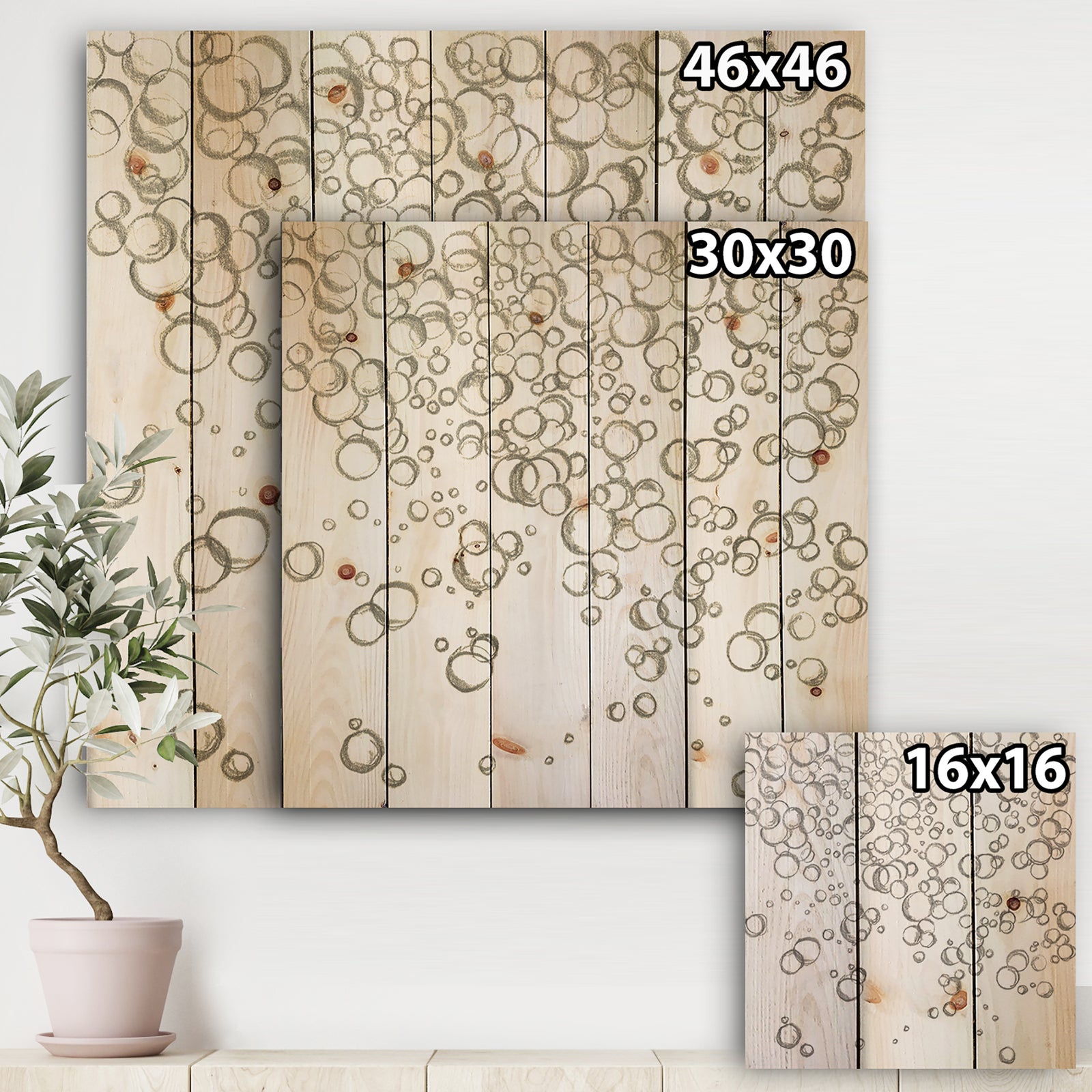 Simple Bubbles I - Mid-Century Modern Print on Natural Pine Wood