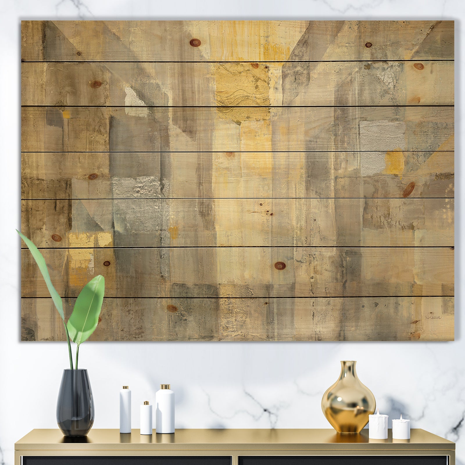 Gold Square Watercolor - Glam Print on Natural Pine Wood