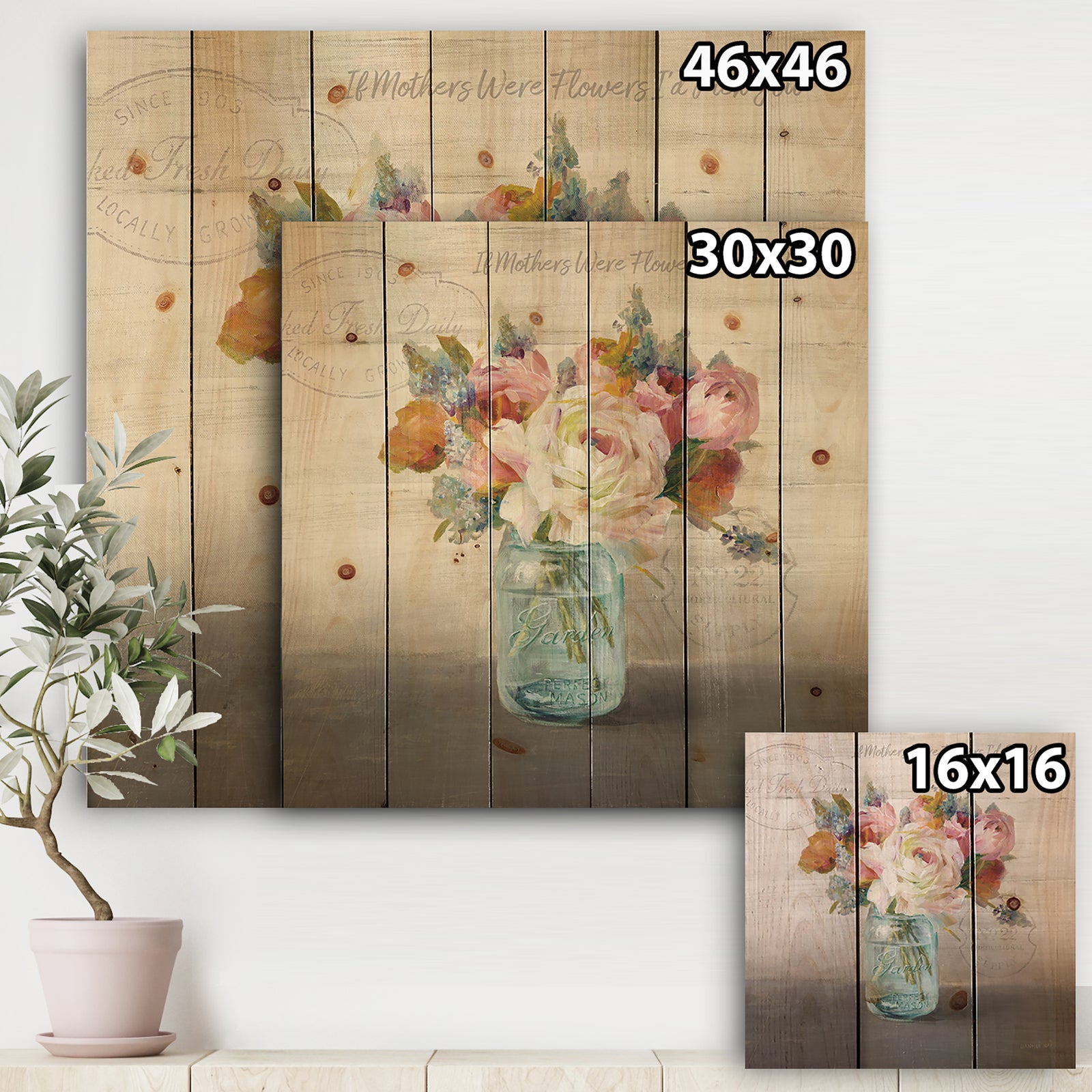 French Cottage Bouquet II Mothers - Cottage Print on Natural Pine Wood