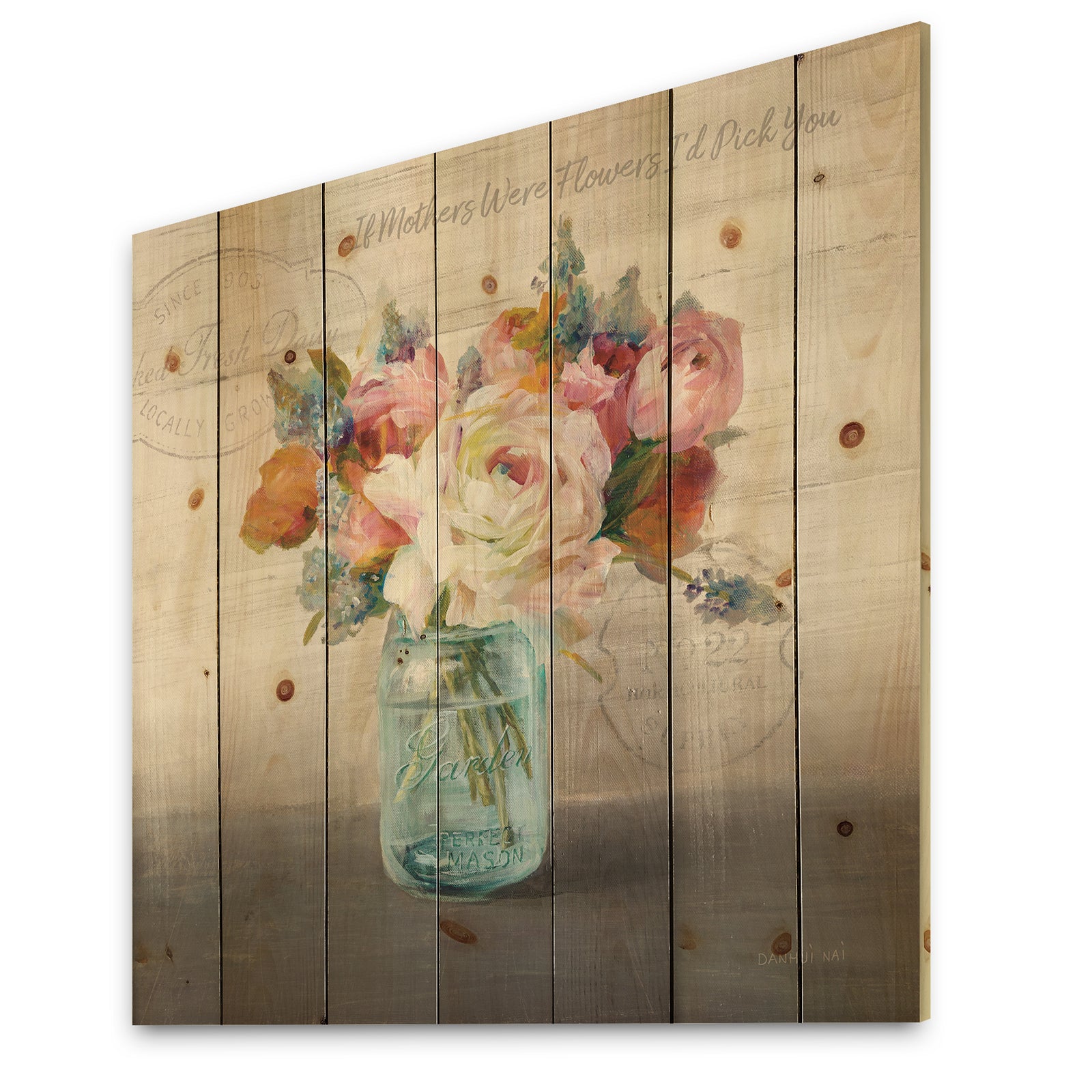 French Cottage Bouquet II Mothers - Cottage Print on Natural Pine Wood