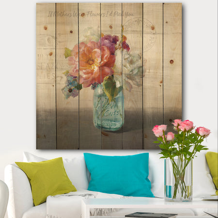 French Cottage Bouquet I Mothers - Cottage Print on Natural Pine Wood