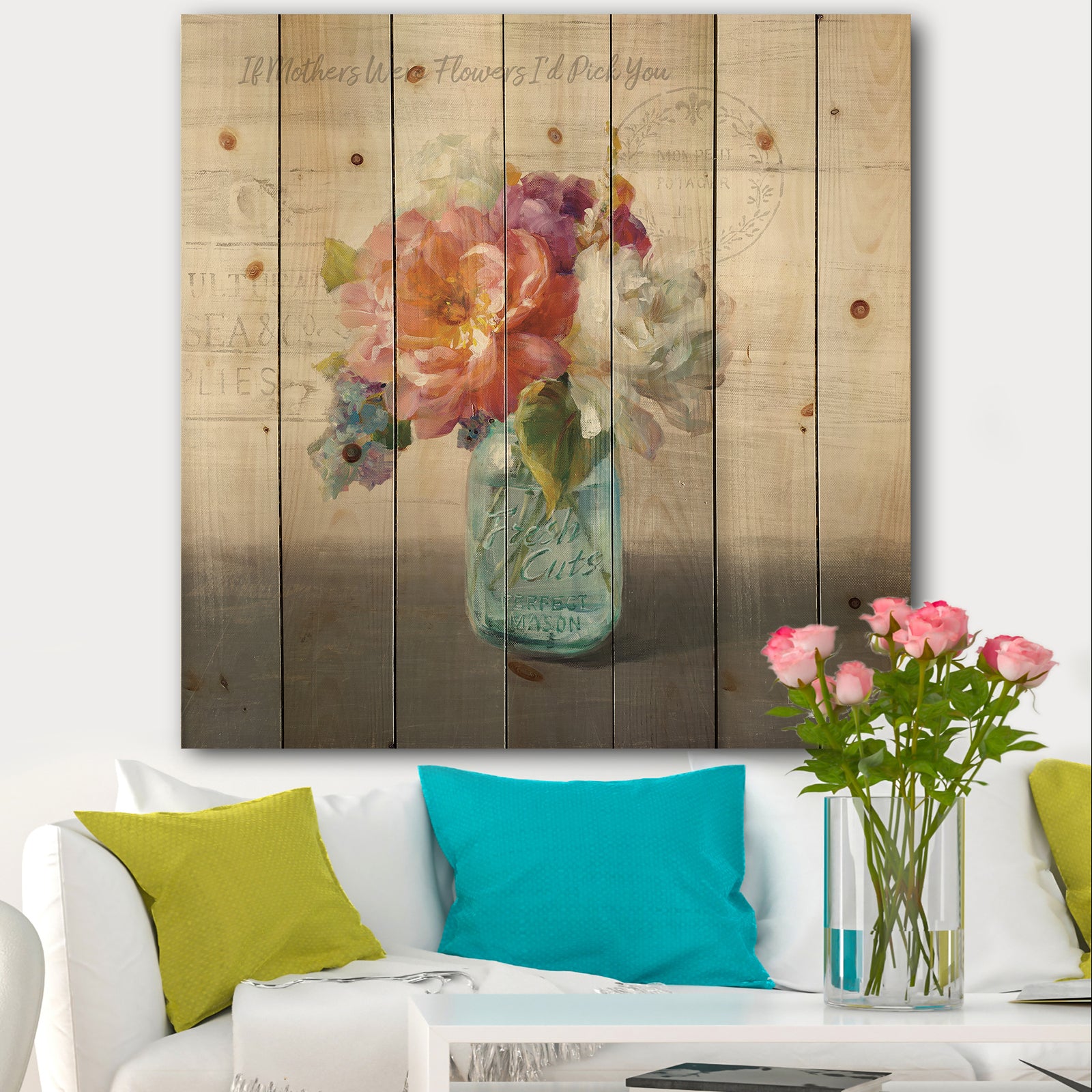 French Cottage Bouquet I Mothers - Cottage Print on Natural Pine Wood