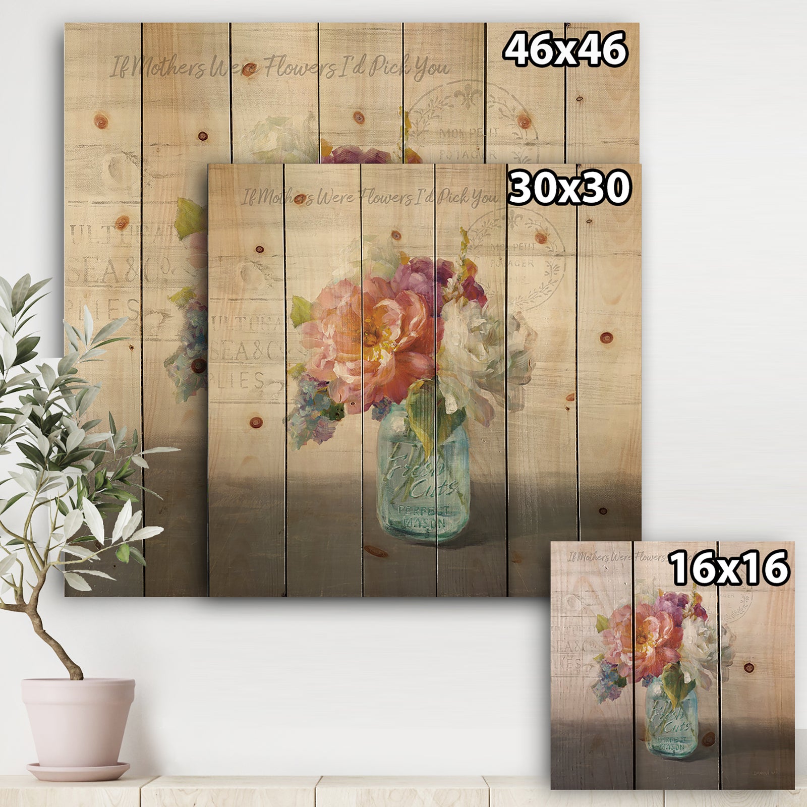 French Cottage Bouquet I Mothers - Cottage Print on Natural Pine Wood