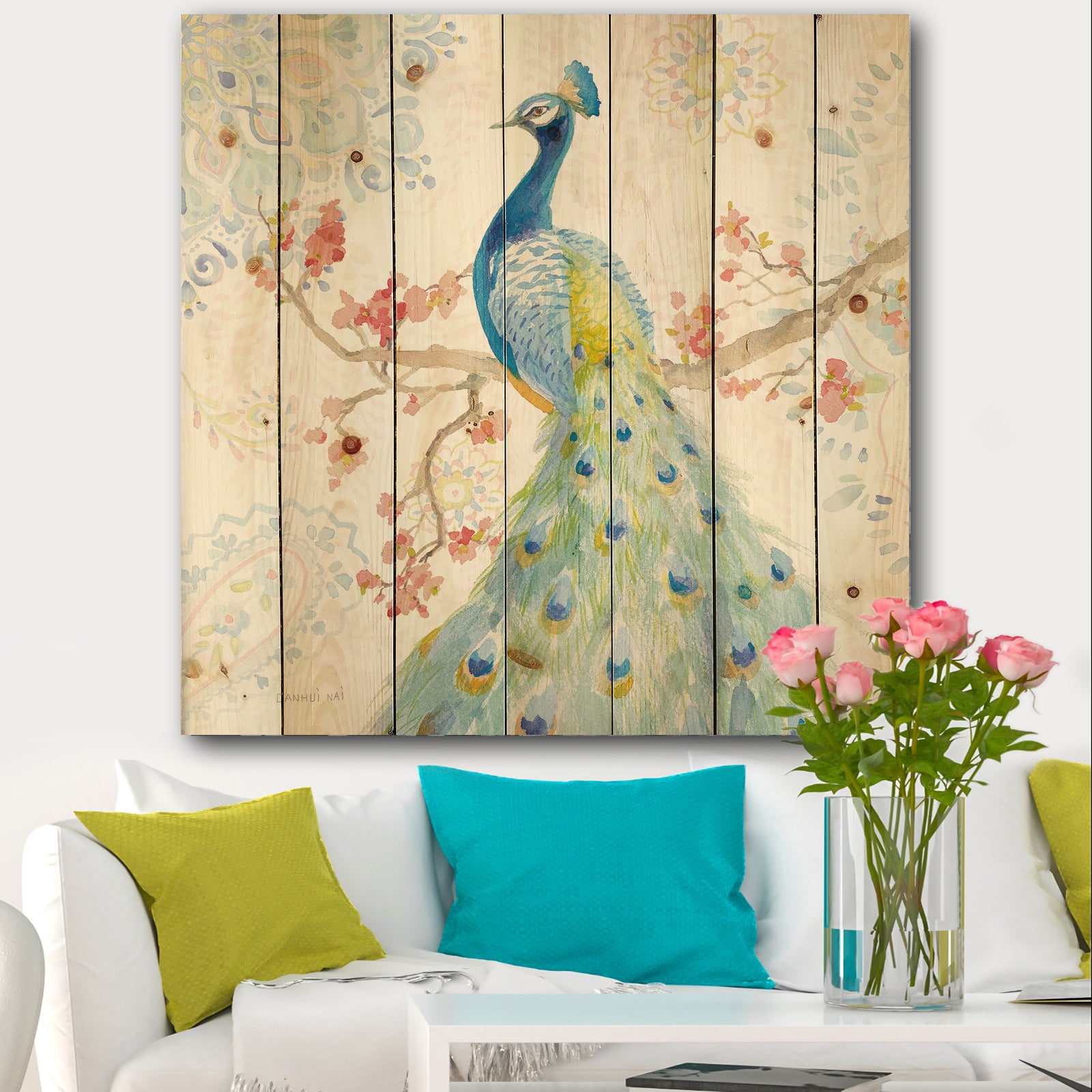 peacocks Watercolor II - Traditional Print on Natural Pine Wood