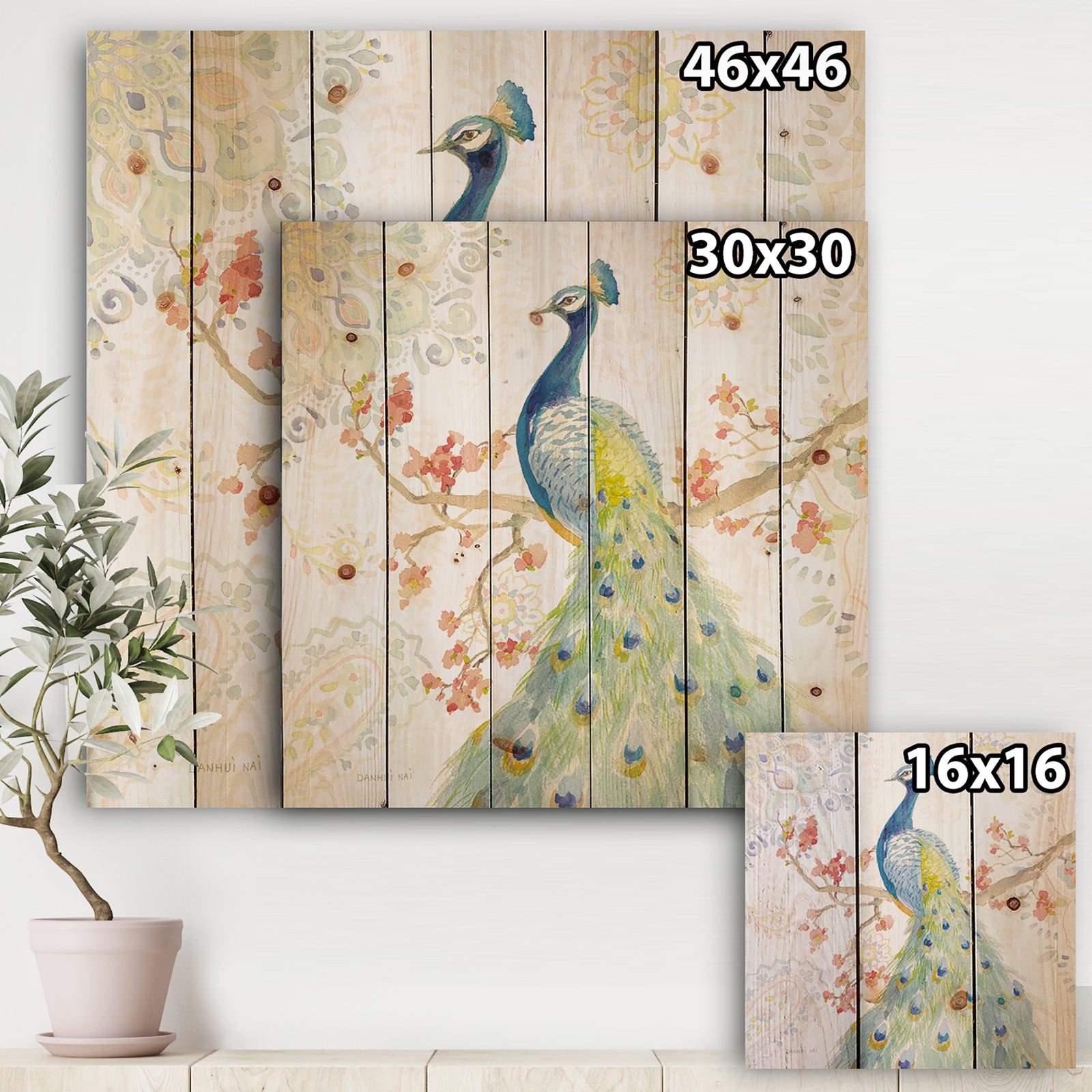 peacocks Watercolor II - Traditional Print on Natural Pine Wood