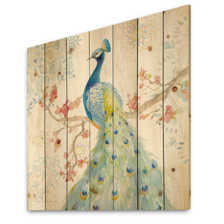 peacocks Watercolor II - Traditional Print on Natural Pine Wood