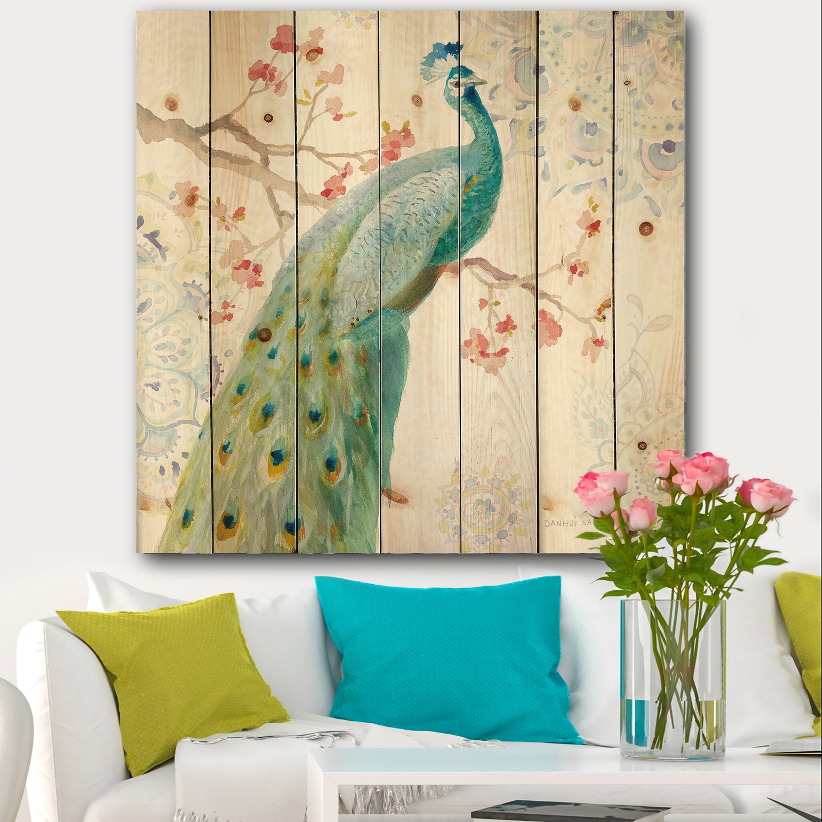 peacocks Watercolor I - Traditional Print on Natural Pine Wood