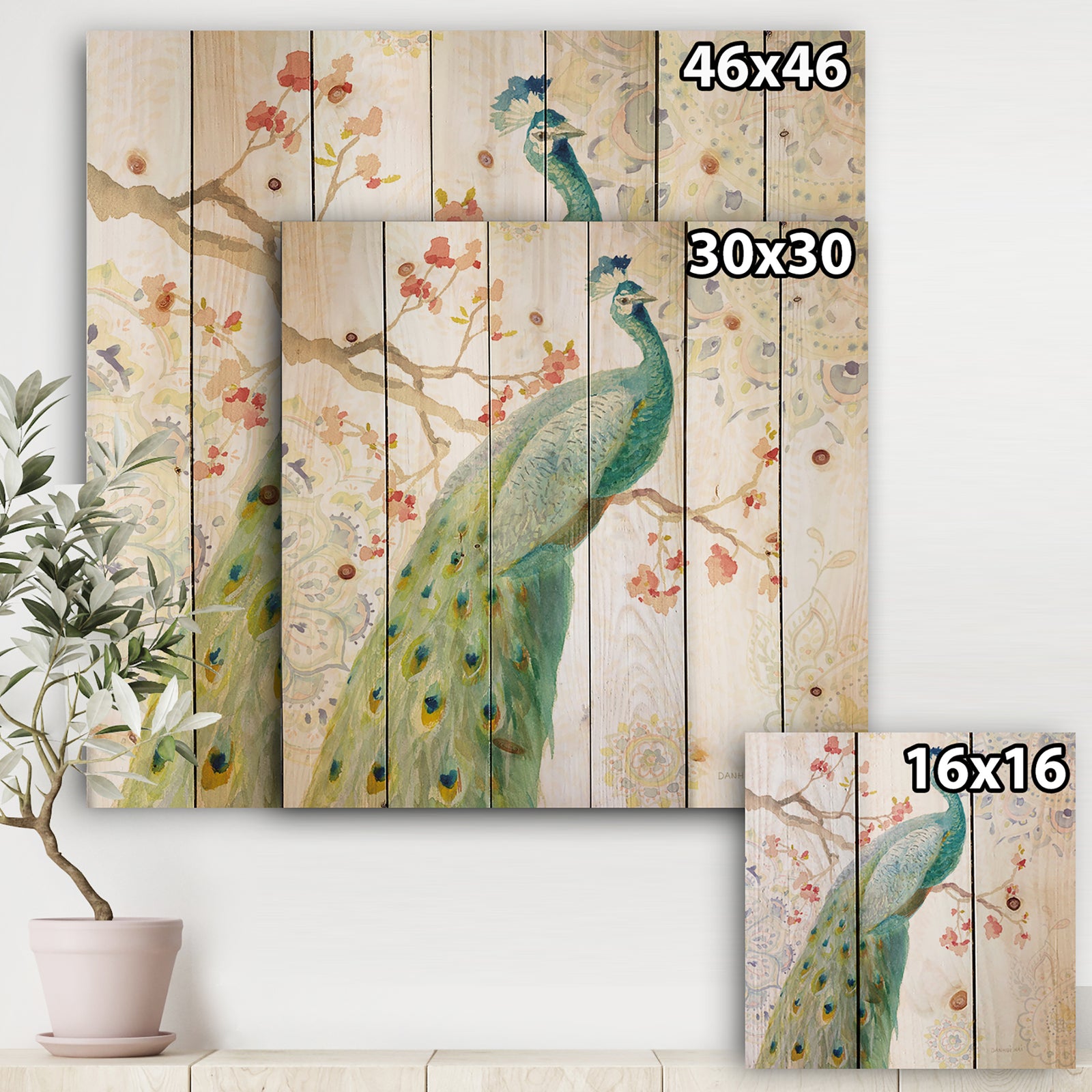 peacocks Watercolor I - Traditional Print on Natural Pine Wood