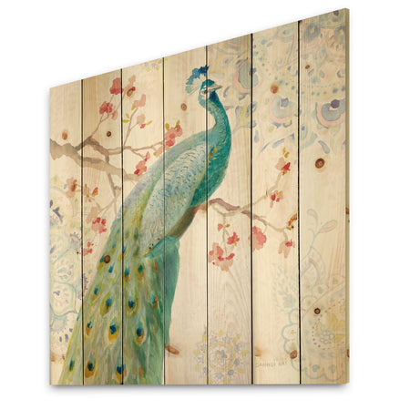 peacocks Watercolor I - Traditional Print on Natural Pine Wood
