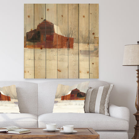 Winter in the Barns - Farmhouse Print on Natural Pine Wood