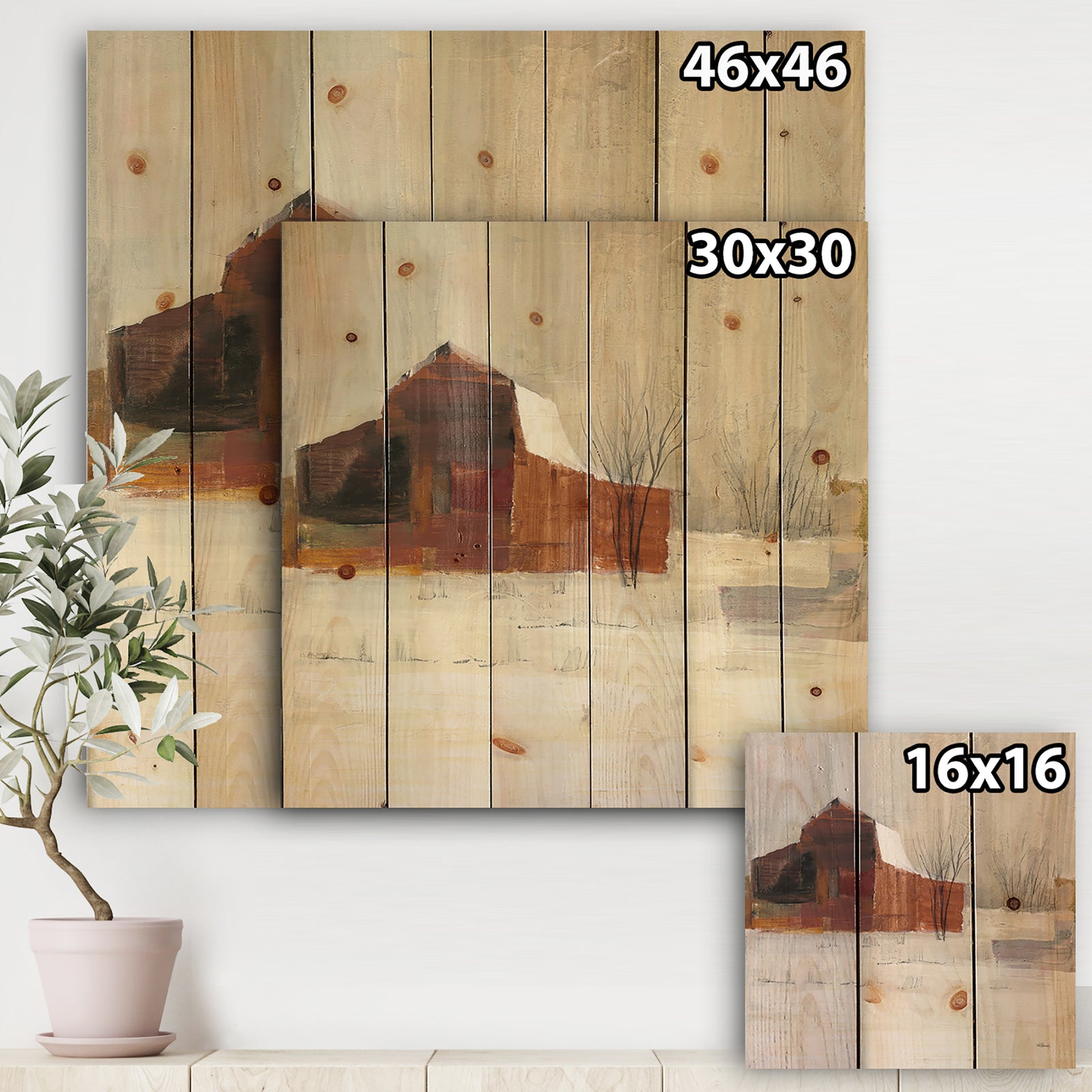 Winter in the Barns - Farmhouse Print on Natural Pine Wood
