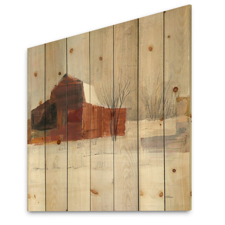 Winter in the Barns - Farmhouse Print on Natural Pine Wood
