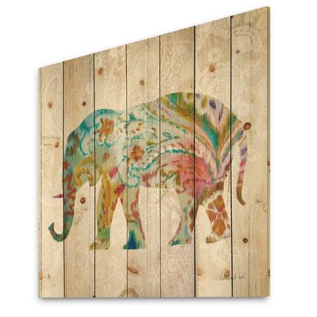 Boho Paisley Elephant II - Bohemian & Eclectic Print on Natural Pine Wood