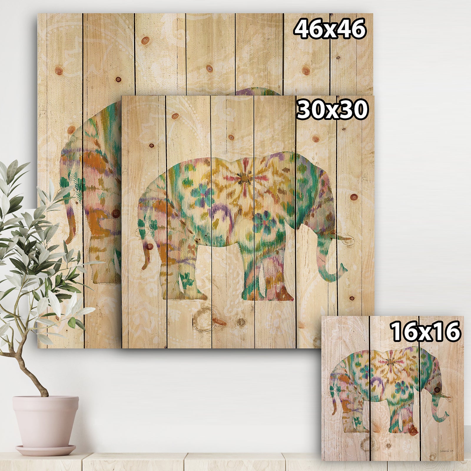 Boho Paisley Elephant I - Bohemian & Eclectic Print on Natural Pine Wood