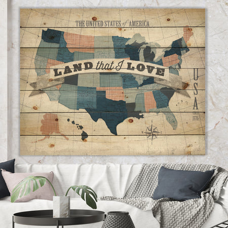 American Map Watercolor - Map Print on Natural Pine Wood