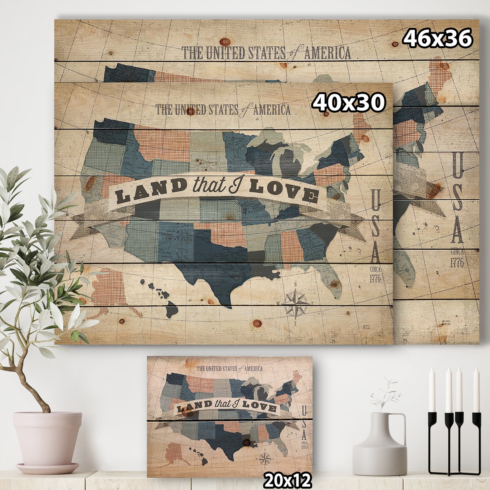 American Map Watercolor - Map Print on Natural Pine Wood