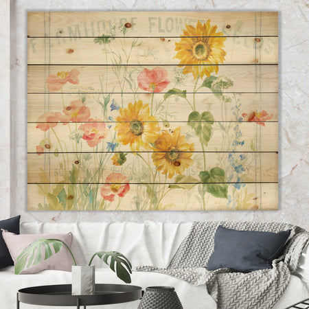 Floursack Florals I - Floral & Botanical Print on Natural Pine Wood