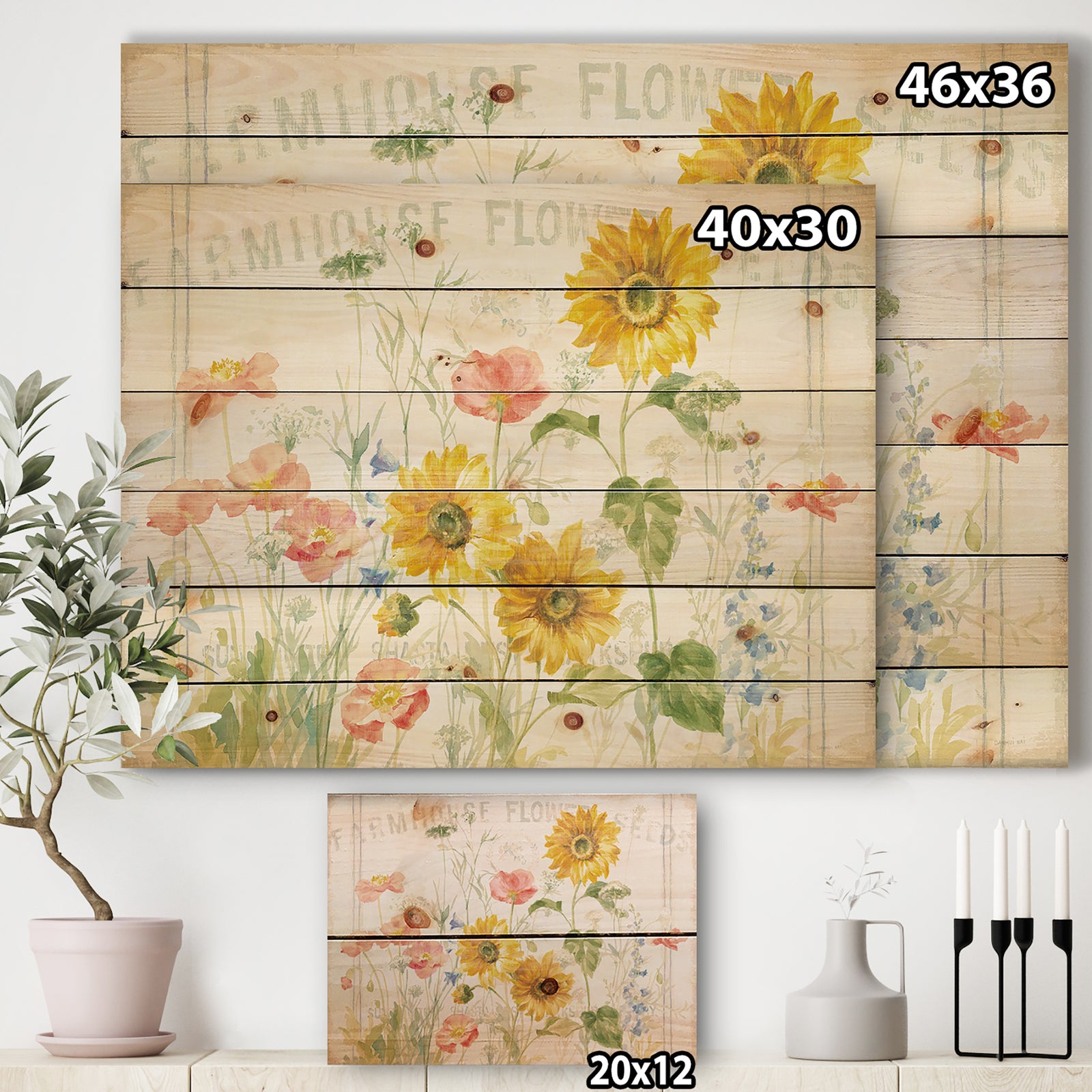 Floursack Florals I - Floral & Botanical Print on Natural Pine Wood