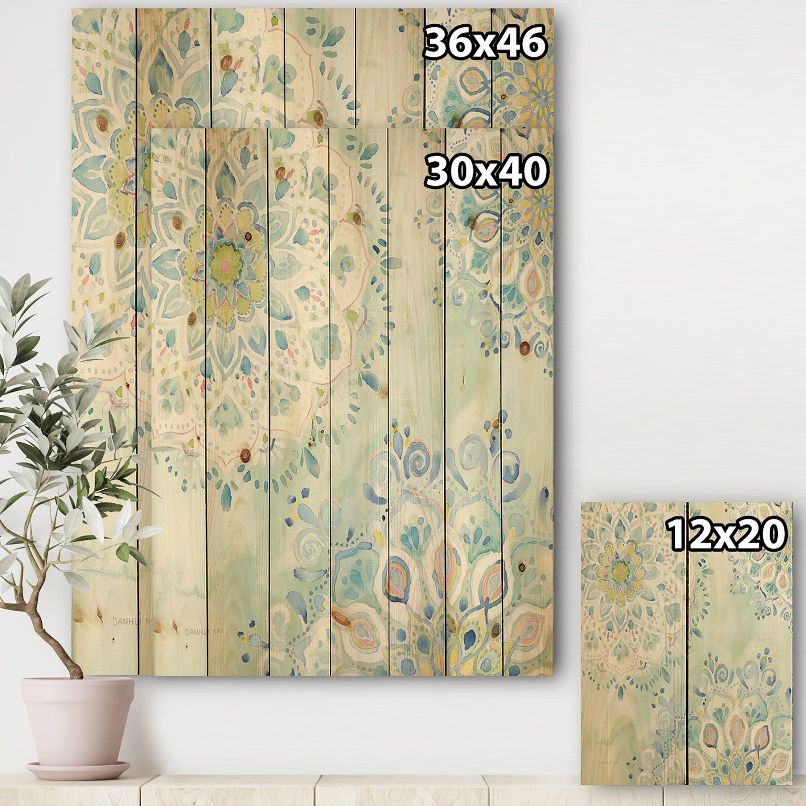 Watercolor mandalas III - Floral & Botanical Print on Natural Pine Wood