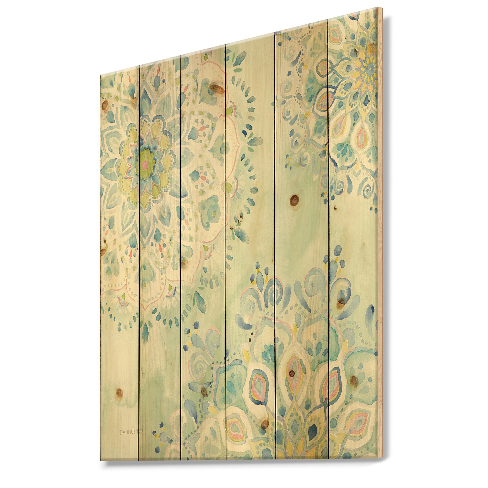 Watercolor mandalas III - Floral & Botanical Print on Natural Pine Wood