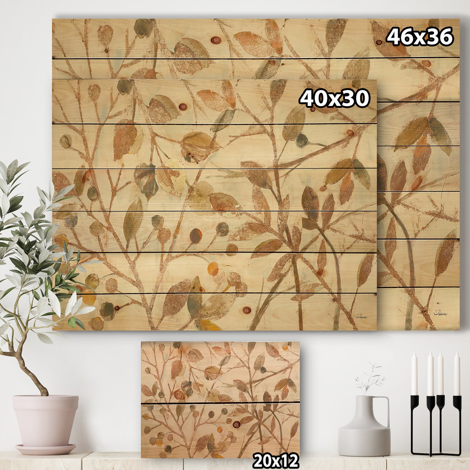 Copper Branches Composition - Lake House Print on Natural Pine Wood