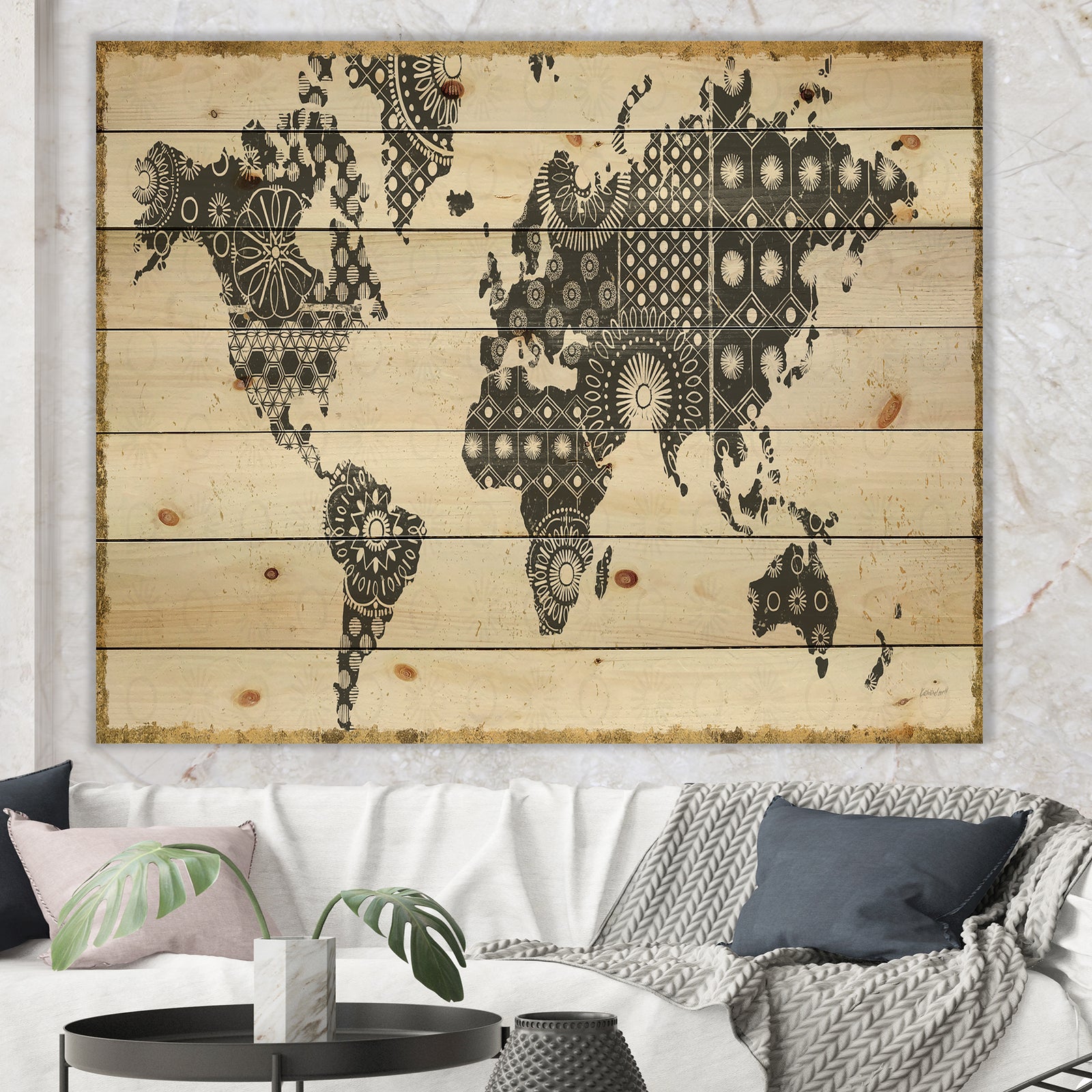Madallions Map - Traditional Print on Natural Pine Wood