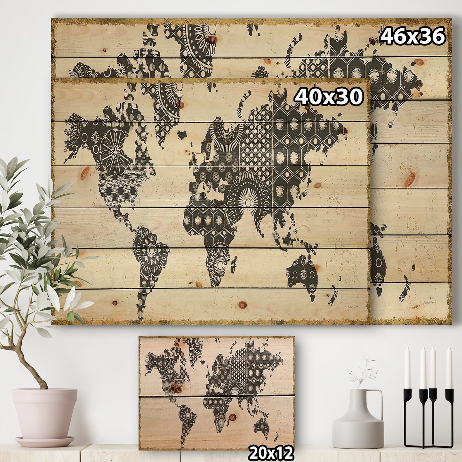 Madallions Map - Traditional Print on Natural Pine Wood