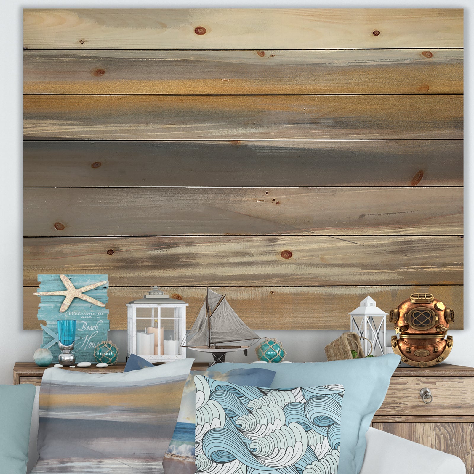 Misty Grey Beach - Nautical & Coastal Print on Natural Pine Wood