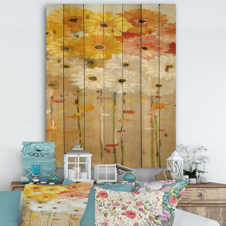 Daisies Fall I - Floral & Botanical Print on Natural Pine Wood