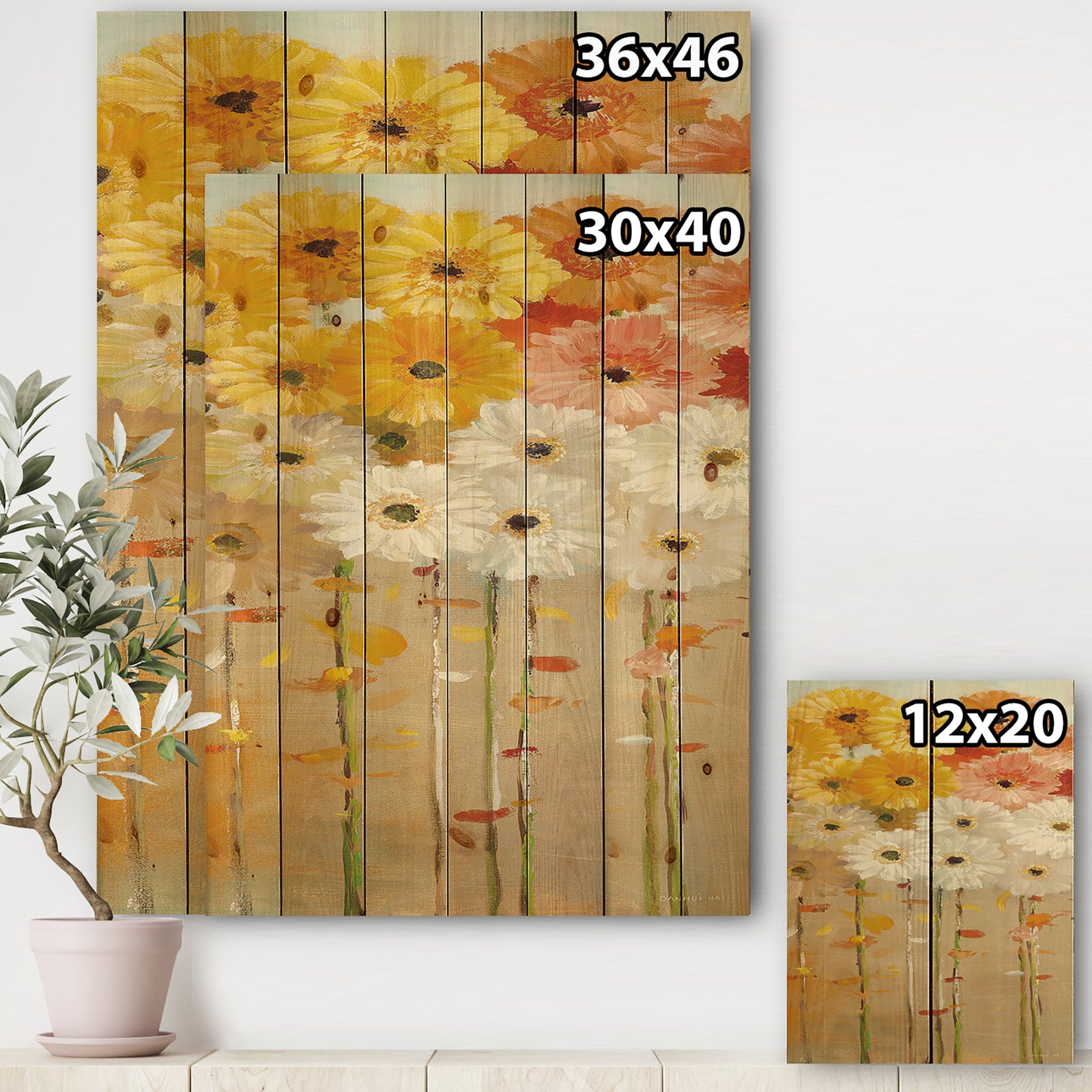 Daisies Fall I - Floral & Botanical Print on Natural Pine Wood