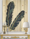 Gold Indigo Feathers IV - Modern Bohemian Print on Natural Pine Wood