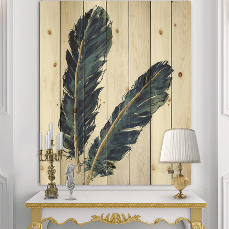 Gold Indigo Feathers IV - Modern Bohemian Print on Natural Pine Wood