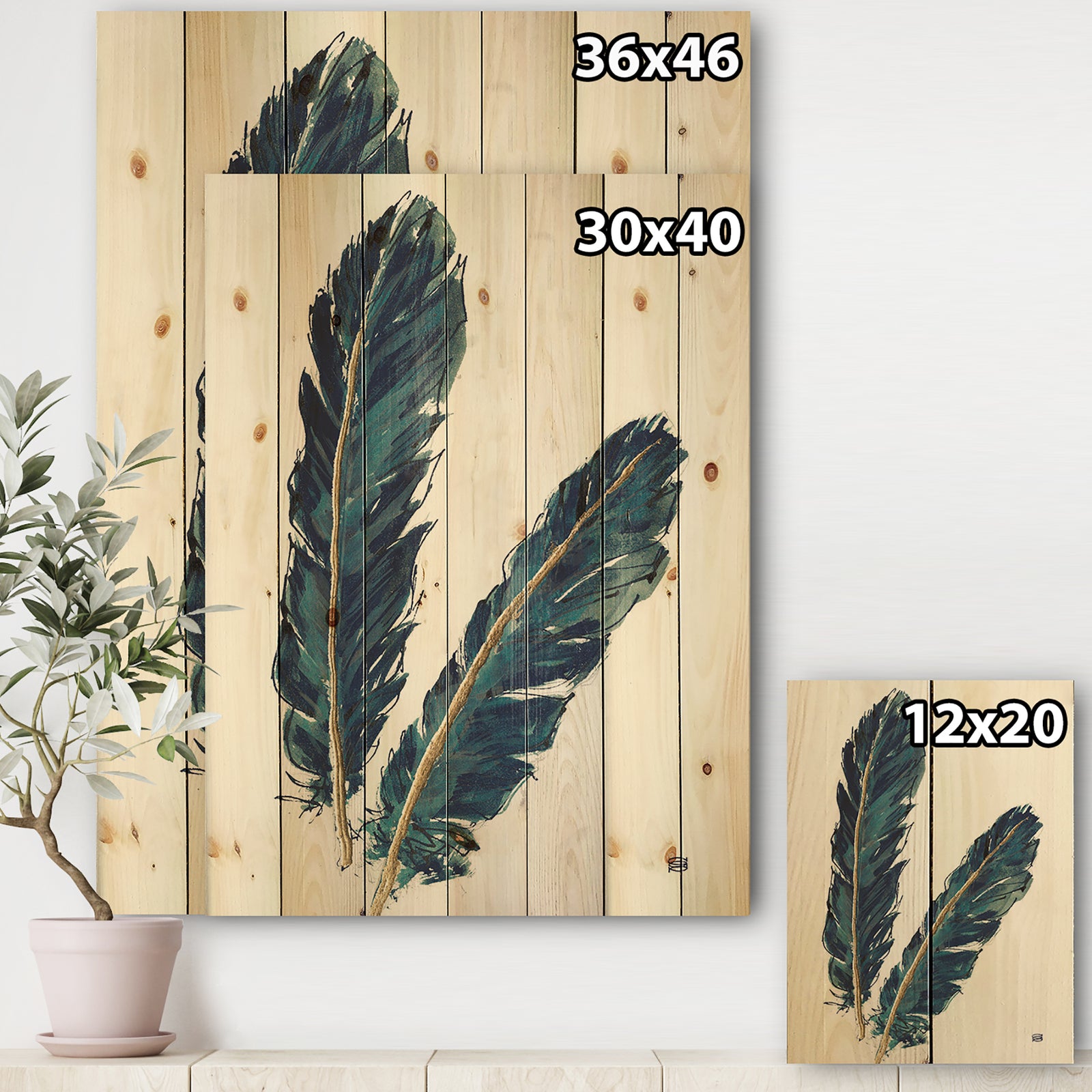 Gold Indigo Feathers IV - Modern Bohemian Print on Natural Pine Wood