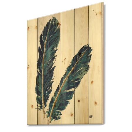 Gold Indigo Feathers IV - Modern Bohemian Print on Natural Pine Wood