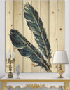 Gold Indigo Feathers III - Modern Bohemian Print on Natural Pine Wood