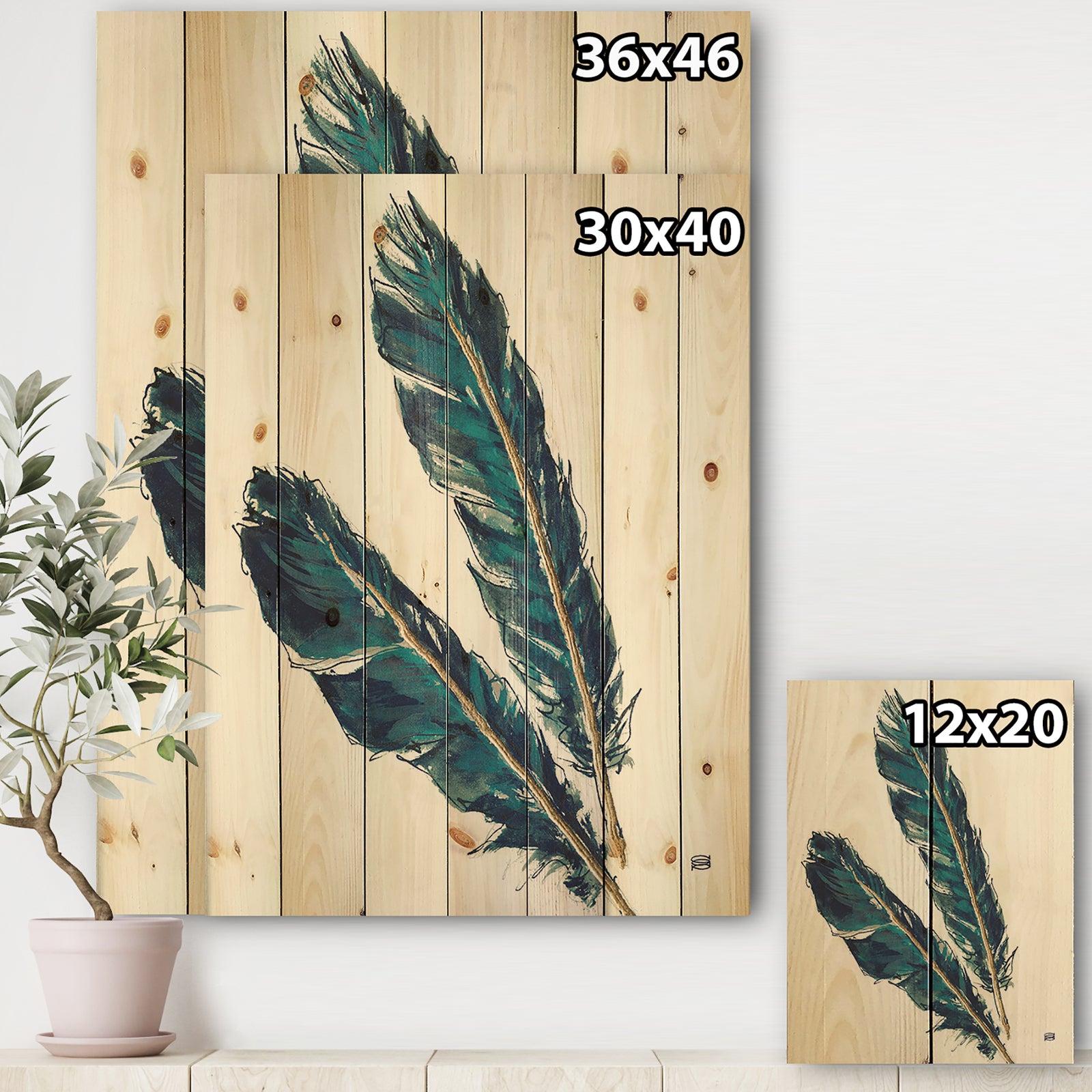 Gold Indigo Feathers III - Modern Bohemian Print on Natural Pine Wood