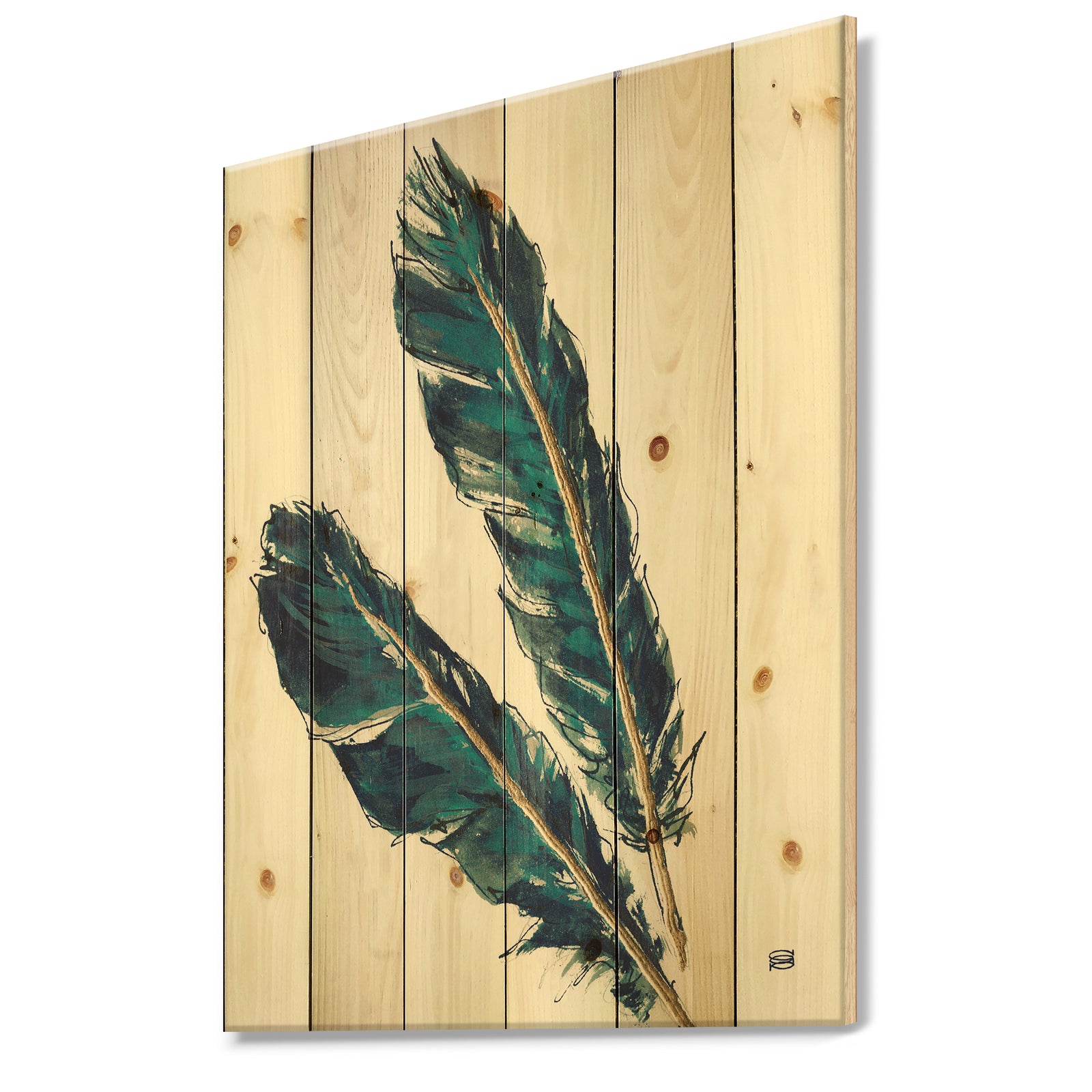 Gold Indigo Feathers III - Modern Bohemian Print on Natural Pine Wood