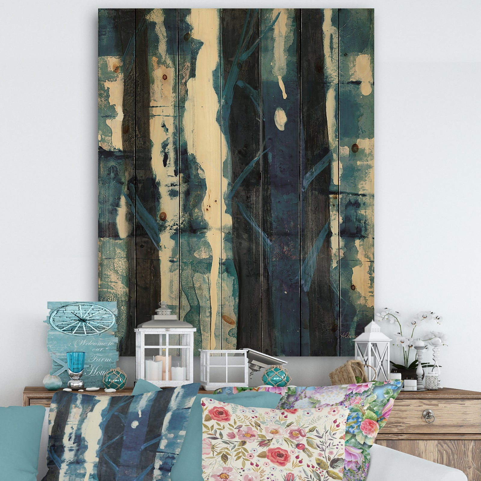 Deep Woods II Indigo - Country Charm Print on Natural Pine Wood
